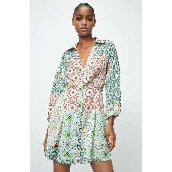NWT Zara Mixed Print Mini Shirt Dress Multicolor Geometric Floral XL